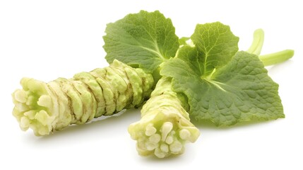 Wall Mural - wasabi spice ingredient on a white background. Wasabi spice ingredient on a white backgroundready for cooking with. Fresh wasabi roots and leaves on a