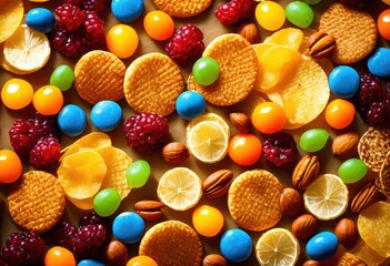 colorful close delicious snack assortment featuring crispy savory sweet fresh fruits bright background, bowl, chips, crunchy, culinary, candies, delectable