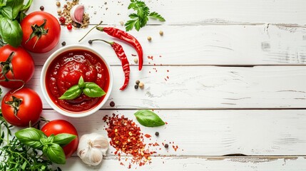 Sauce or ketchup and ingredients for his cooking: tomatoes, garlic, basil, parsley, red hot pepper and spices on a wooden white background. Close-up. Top view. Place for text. 