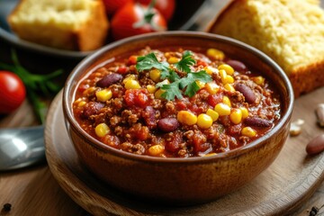 chili cornbread. homemade chili con carne with meat and vegetables in a bowl