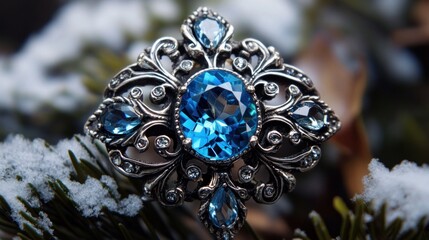 Poster - Intricate Blue Gemstone Ring on a Snowy Branch