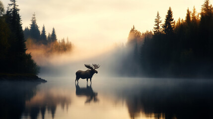 Canvas Print - A majestic moose stands in a tranquil river shrouded in fog, the golden light of sunrise painting the sky and reflecting on the water. The scene evokes a sense of peace, tranquility, and the beauty of