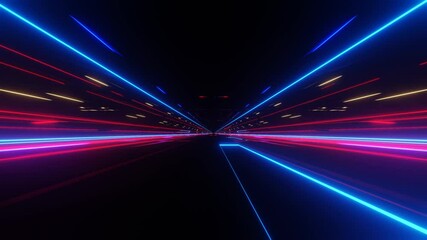 Wall Mural - endless forward movement through a dark tunnel with flashing red and blue lights. 3d render looped animation