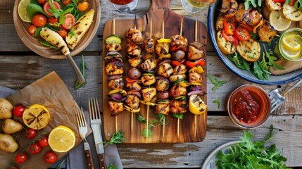 Wall Mural - Picnic table with delicious chicken kebab skewers, barbecue vegetables, grilled wings and baked potatoes. Top view. 