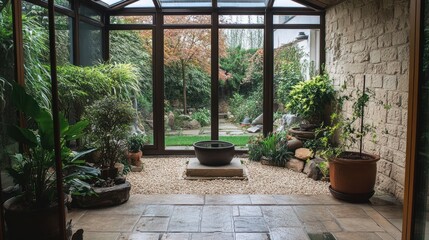 Poster - A view of a peaceful zen garden from inside a glass conservatory with a stone wall, potted plants, and a stone pathway.