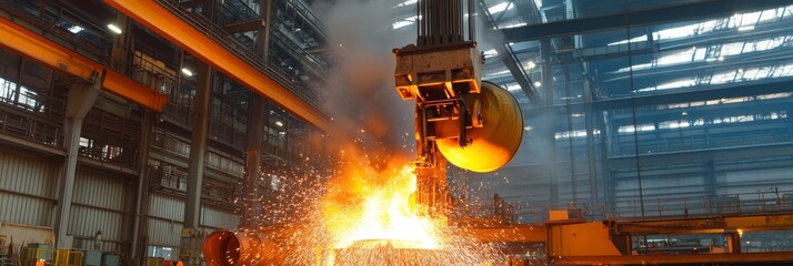 Poster - A powerful crane lifts a crucible of molten steel in a modern factory. The intense heat and sparks create a dramatic scene, symbolizing the power and efficiency of industrial processes. This image rep