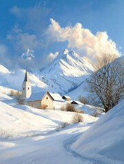 Poster - A quaint winter village nestled amidst snow-covered mountains, showcasing a charming church with a steeple, surrounded by cozy houses. The scene evokes a sense of tranquility, peace, and the beauty of