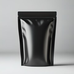 Minimalistic black packaging pouch with a matte finish on a neutral background