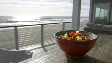   A wooden table holds a bowl of fruit, while a balcony offers an ocean view