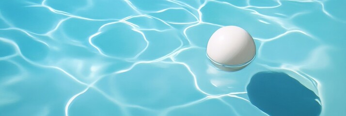 Wall Mural - A serene and minimalist image of a white sphere floating on the surface of a clear blue pool. The sphere's smooth surface reflects the sunlight, creating a gentle glow. The calm water ripples softly, 