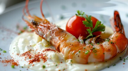 Wall Mural - King prawn with cheese sauce served fine dining style 