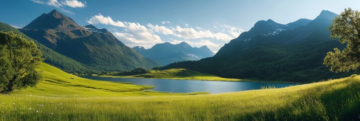 Poster - A serene and picturesque landscape featuring a tranquil mountain lake nestled amidst rolling green hills and towering mountains. The clear blue sky above is dotted with fluffy white clouds, casting lo