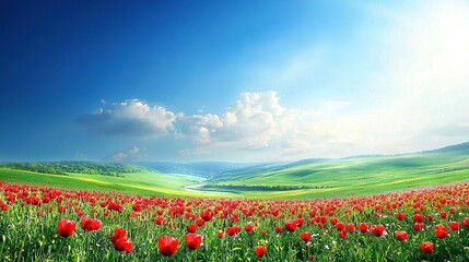 Poster -   A lush field of crimson tulips in the center surrounded by green vegetation and a bright blue backdrop