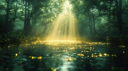 Poster - Sunbeams Illuminating a Serene Forest Stream