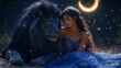 © TheGoldTiger - Woman in a blue dress sits beside a majestic lion under a crescent moon, surrounded by glowing fireflies
