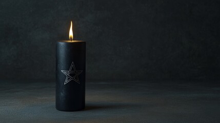 A single black candle with a pentagram symbol etched into its side burns brightly against a dark background. The candle symbolizes magic, mystery, ritual, and the power of intention.