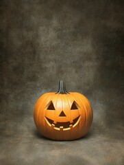 Poster - A single, bright orange jack-o-lantern with a friendly carved face sits on a rustic brown background. The pumpkin symbolizes Halloween, autumn, harvest, and festive cheer.