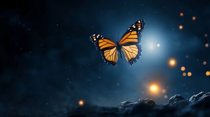 Wall Mural - A single butterfly with orange wings is flying through a dark, magical night sky filled with stars and glowing lights. This image represents transformation, hope, beauty, freedom, and the wonders of n