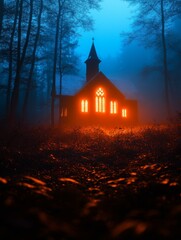 Poster - A solitary church stands illuminated amidst a dense foggy forest at night, its glowing windows casting an ethereal glow, symbolizing faith, mystery, isolation, and the power of light in darkness.