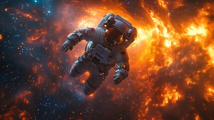 Wall Mural - Astronaut floats in space with a fiery orange nebula backdrop, creating a dramatic and visually striking scene