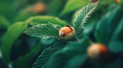 hazelnuts growing on tree branch with green leaves. close-up of organic nuts in natural setting.