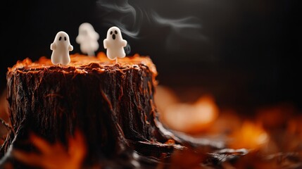 Sticker - A spooky tree stump cake with gnarled roots and glowing ghost decorations creates a whimsical Halloween scene. The smoke adds a mysterious and eerie atmosphere. The cake symbolizes the celebration of 