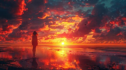 Wall Mural - Silhouetted figure stands on a reflective beach, gazing at a vibrant sunset with dramatic clouds and scattered birds