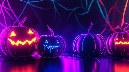 Wall Mural - A trio of glowing neon pumpkins with intricate designs carved into their faces. The pumpkins are bathed in a vibrant pink and blue light, creating a festive and spooky atmosphere. The neon glow symbol