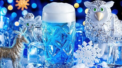 Wall Mural -   A clear photo of a frosty mug of beer resting on a wooden table, surrounded by festive Christmas ornaments and falling snowflakes