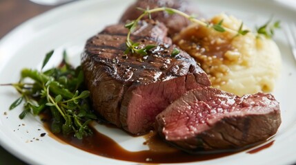 Beef filet dinner entree with garnish and brown sauce displayed on a white dinner plate. Horizontal shot. 