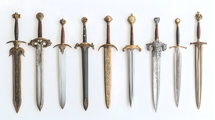 Wall Mural - A collection of ornate swords displayed on a light solid color background, showcasing intricate designs and craftsmanship
