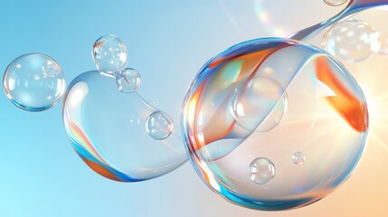 Poster - A vibrant and abstract background featuring colorful bubbles, reflecting light and creating a sense of playful energy,  representing light, transparency, joy, and the ephemeral nature of life.