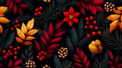 Poster - A vibrant and festive  pattern featuring red and gold floral elements against a dark background. The design incorporates elements of Christmas and New Year, symbolizing joy, warmth, and celebration.