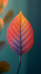 Wall Mural - Single, vibrant leaf displaying a gradient of colors from red to orange is set against a blurred background