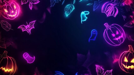 Poster - A vibrant and spooky Halloween background featuring glowing neon outlines of pumpkins, ghosts, bats, and leaves on a dark background.  The design evokes a sense of fun, mystery, and celebration.