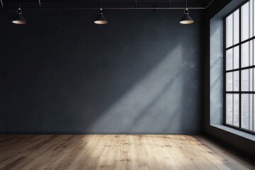 Wall Mural - dark gray wall in an empty room with a wooden floor with large window