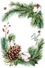 Wall Mural - Watercolor christmas frame with fir branches, pine cone, cotton, leaves isolated on white background. Botanical winter greenery holiday illustration for wedding invitation card design