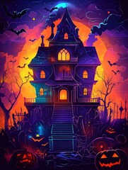 Canvas Print - A vibrant neon glowing outline of a spooky haunted house with a full moon in the background. The house is surrounded by spooky trees and pumpkins.