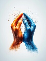 Two Hands in Orange and Blue Disintegrating into Particles