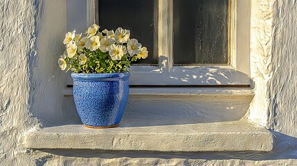 Sticker -   A blue vase filled with white flowers sits on a window sill next to a transparent window pane