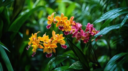 Wall Mural - Yellow and Pink Orchids in Lush Foliage