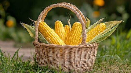 Wall Mural - A wicker basket filled with fresh corn on the cob, symbolizing abundance, harvest, summer, healthy eating, and rural life.