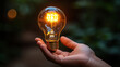 © Your Hand Please - hand delicately holds a glowing lightbulb, symbolizing innovation, creativity, and inspiration. The lightbulb's warm glow contrasts against a dark background, highlighting the power of ideas