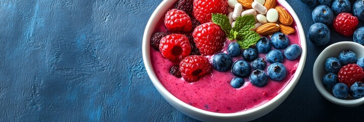 Sticker - This vibrant smoothie bowl is packed with fresh berries, almonds, and a hint of mint. It's a delicious and healthy breakfast or snack option that is perfect for any time of day. This smoothie bowl sym