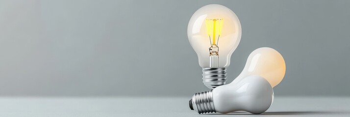 Sticker - Two light bulbs on a grey background. One is lit and one is not. The lit bulb represents an idea or inspiration, while the unlit bulb represents potential. The image can be used to illustrate concepts