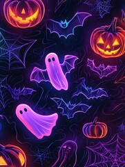 Poster - Vibrant neon glowing outlines of Halloween-themed elements against a dark background.  A fun and spooky design with ghosts, bats, pumpkins and spiderwebs.