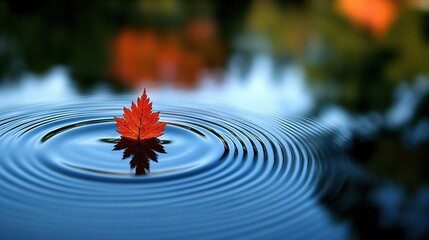 Poster -   A lone red leaf drifts atop tranquil water, with gentle ripples spreading outwards, surrounded by majestic trees in the backdrop