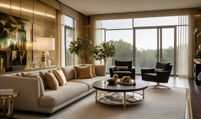 Wall Mural - Luxurious, minimalist living room with beige sofa, gold accents, and natural light.