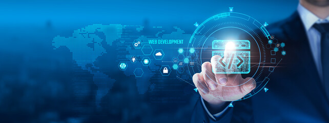 Wall Mural - web development concept: businessman touching code icon on virtual interface, user experience, respo