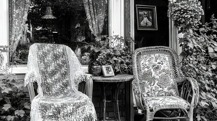   Two chairs and a table with a potted plant in front of a window in black and white